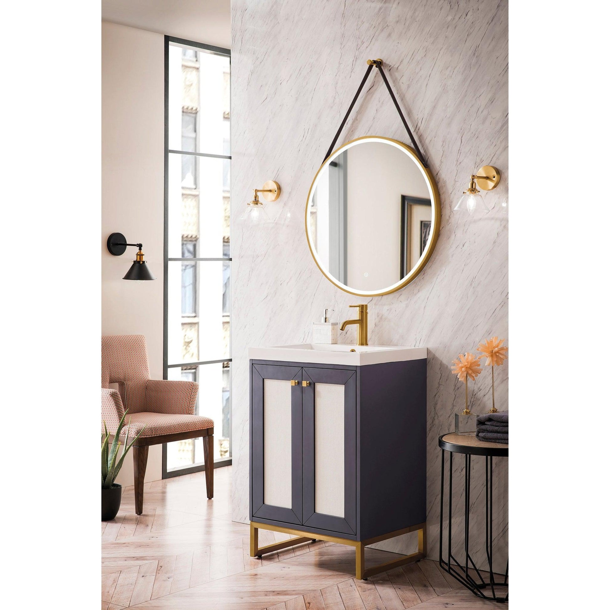 James Martin Vanities Chianti 24" Mineral Grey, Radiant Gold Single Vanity Cabinet With White Glossy Composite Countertop