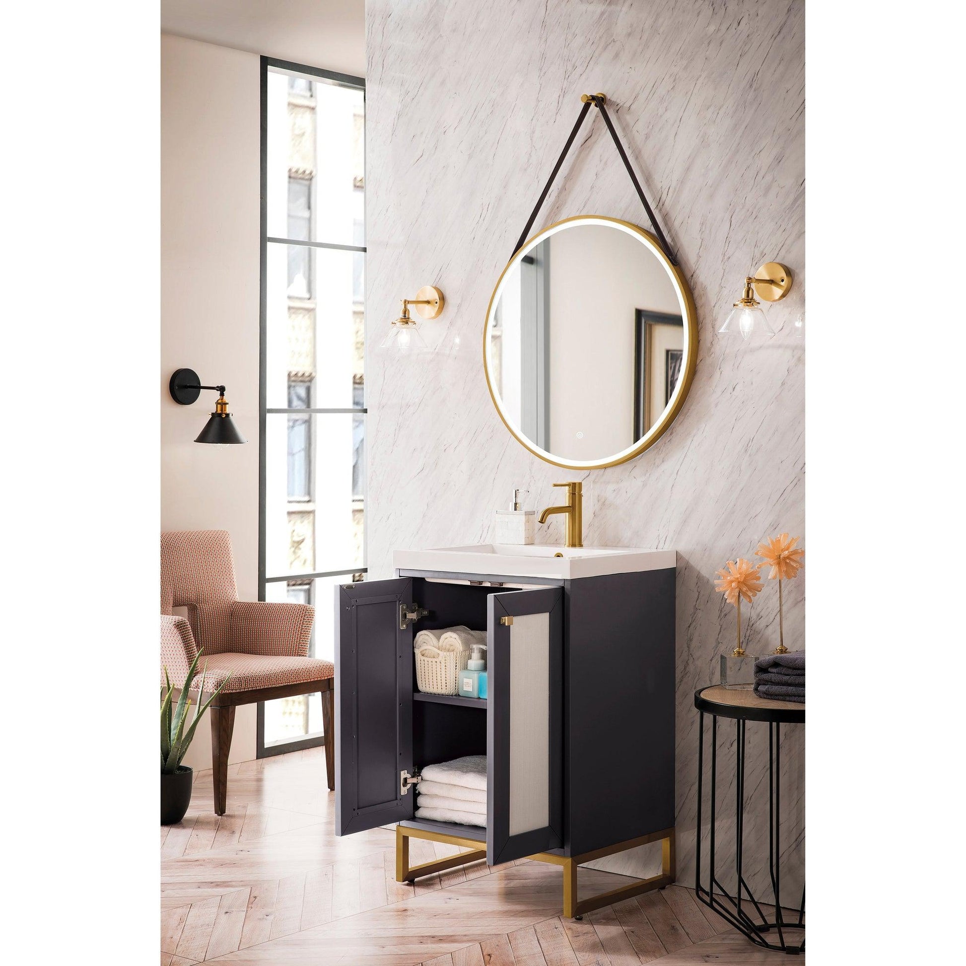 James Martin Vanities Chianti 24" Mineral Grey, Radiant Gold Single Vanity Cabinet With White Glossy Composite Countertop