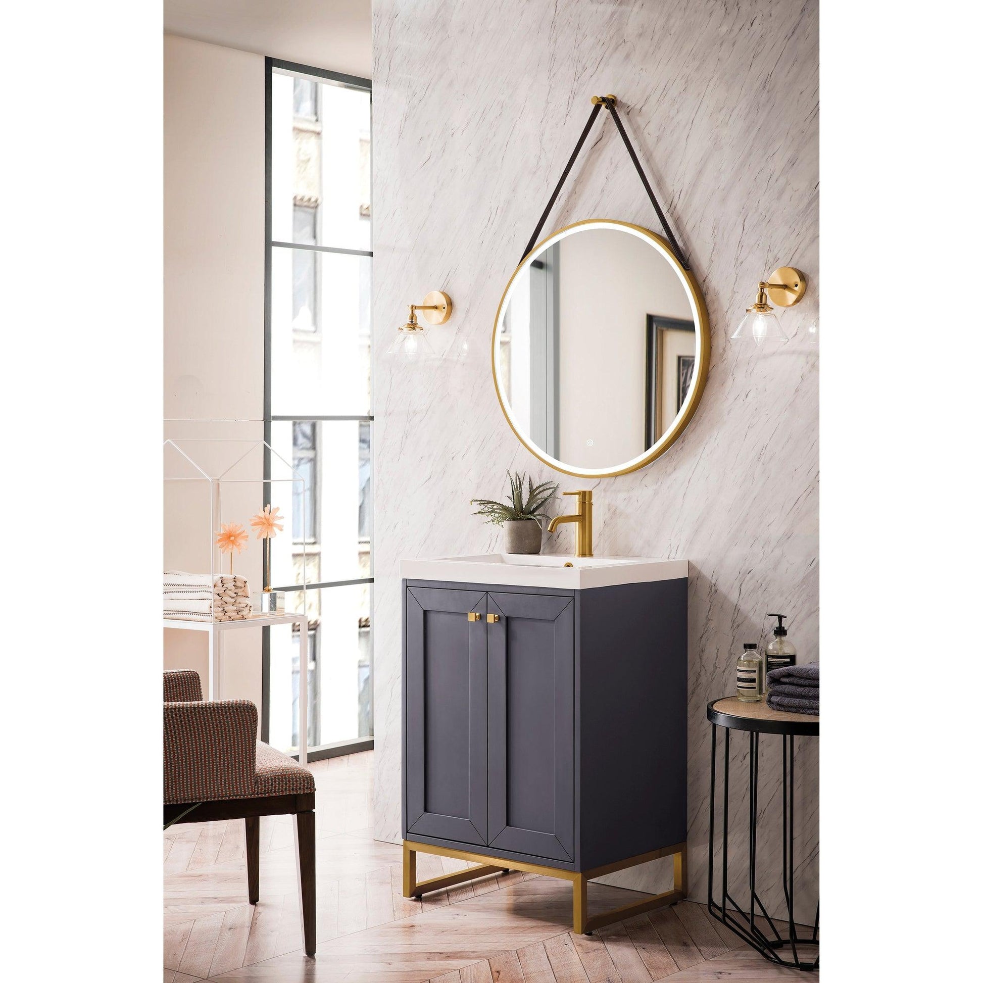 James Martin Vanities Chianti 24" Mineral Grey, Radiant Gold Single Vanity Cabinet With White Glossy Composite Countertop