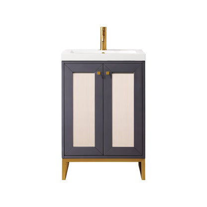 James Martin Vanities Chianti 24" Mineral Grey, Radiant Gold Single Vanity Cabinet With White Glossy Composite Countertop