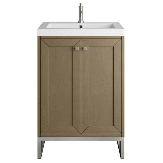 James Martin Vanities Chianti 24" Walnut Whisper Brushed Nickel Base Single Vanity With White Glossy Composite Stone Top