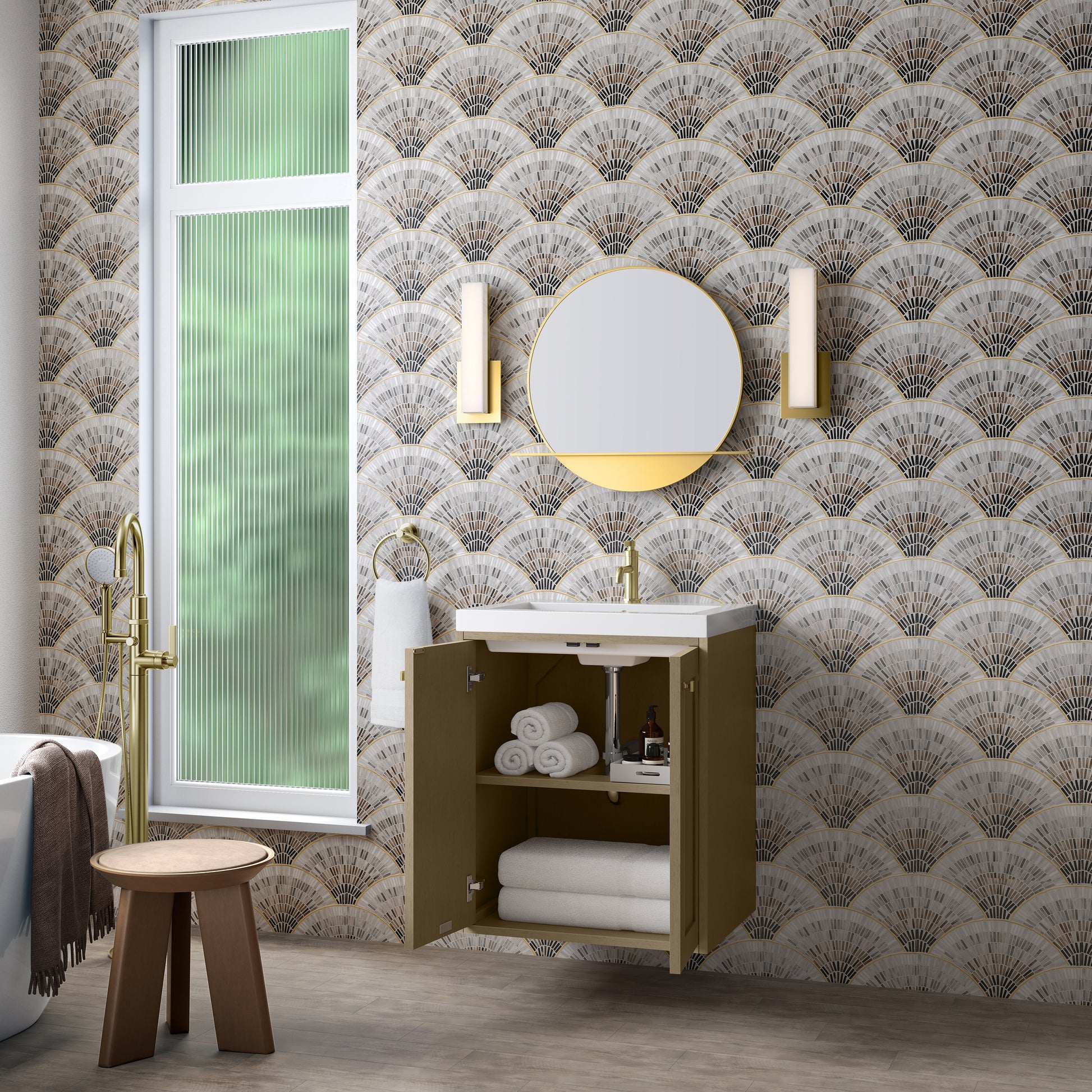 James Martin Vanities Chianti 24" Walnut Whisper Champagne Brass Base Single Vanity With White Glossy Composite Stone Top