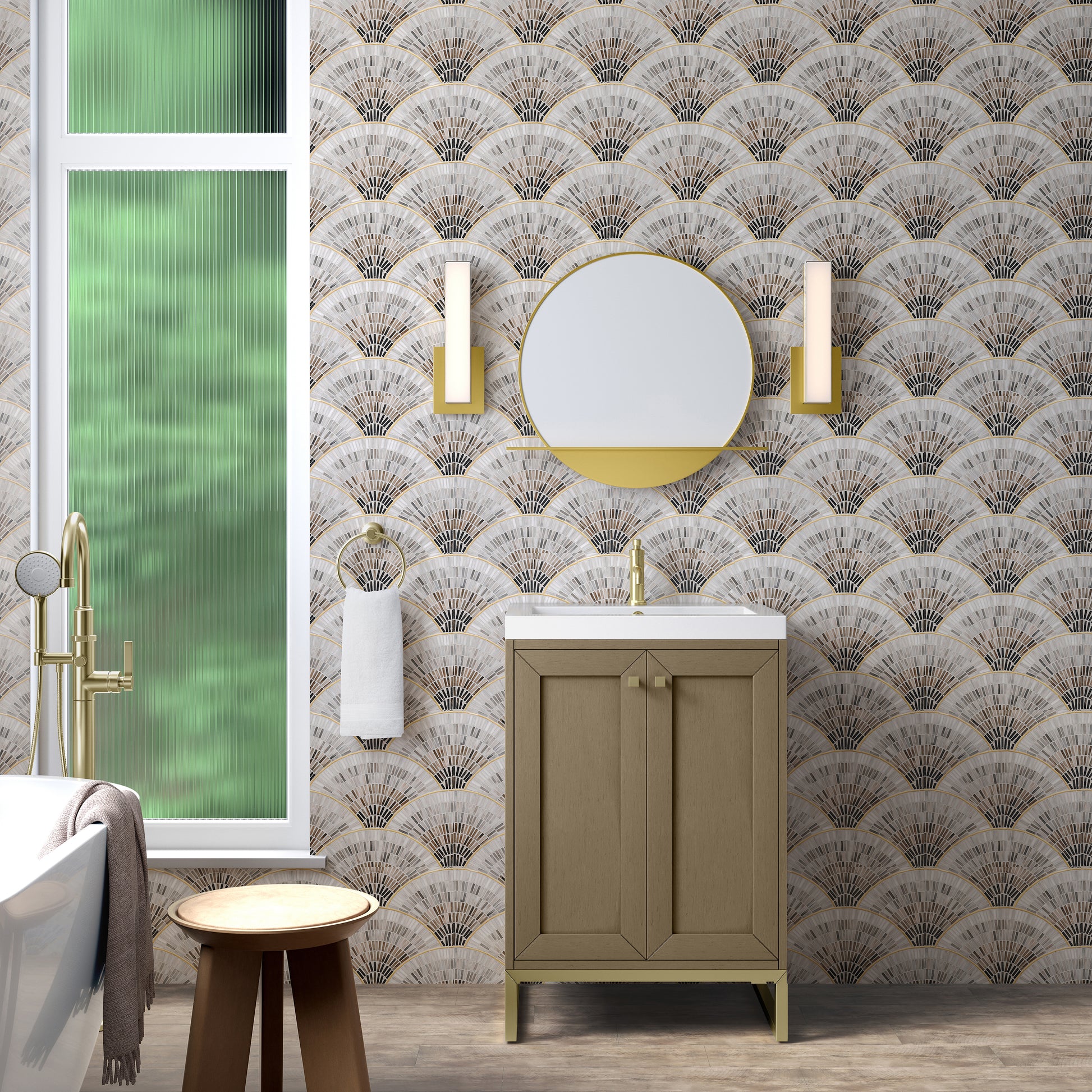 James Martin Vanities Chianti 24" Walnut Whisper Champagne Brass Base Single Vanity With White Glossy Composite Stone Top