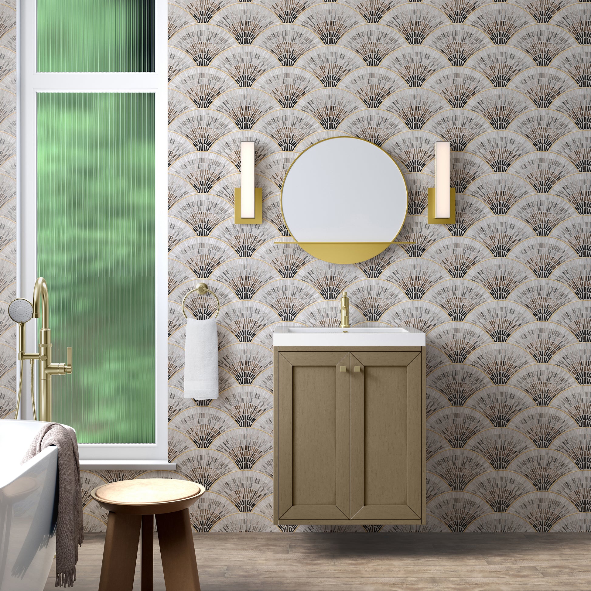 James Martin Vanities Chianti 24" Walnut Whisper Champagne Brass Base Single Vanity With White Glossy Composite Stone Top