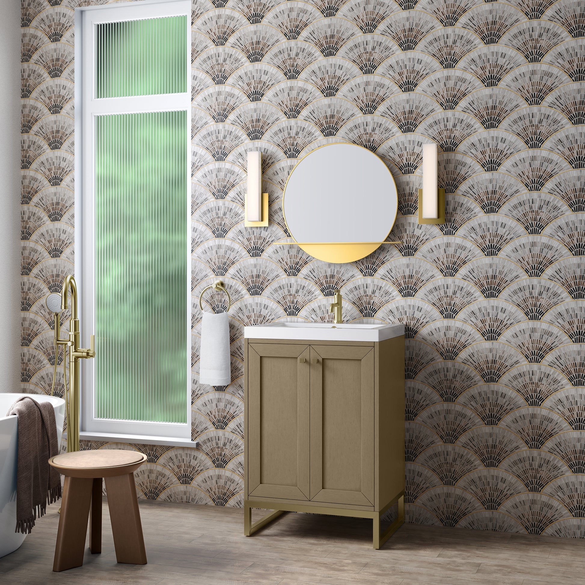 James Martin Vanities Chianti 24" Walnut Whisper Champagne Brass Base Single Vanity With White Glossy Composite Stone Top