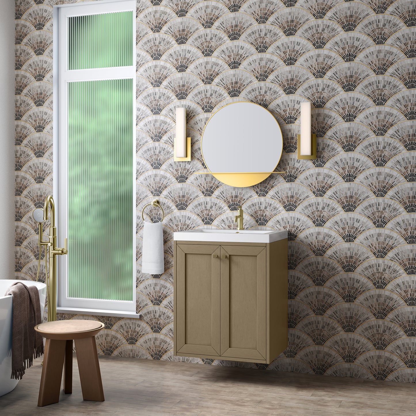 James Martin Vanities Chianti 24" Walnut Whisper Champagne Brass Base Single Vanity With White Glossy Composite Stone Top