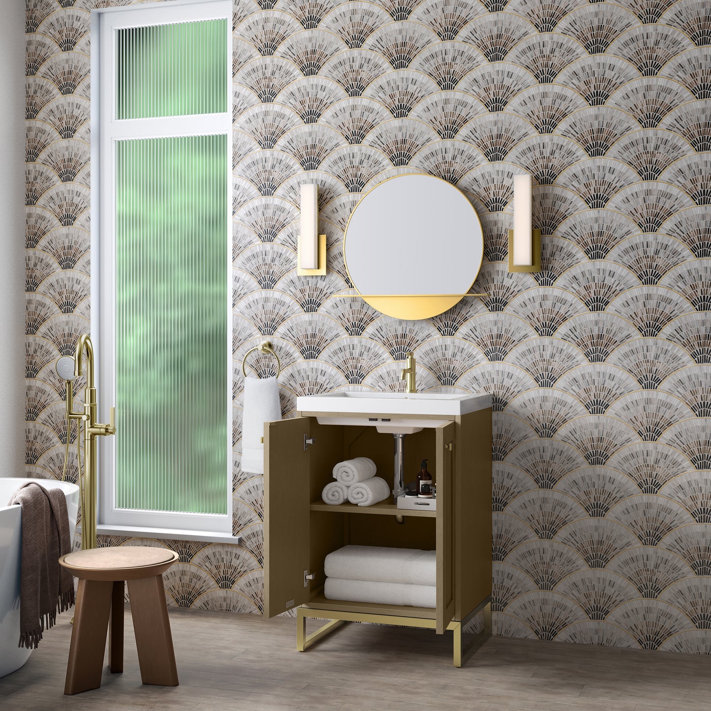 James Martin Vanities Chianti 24" Walnut Whisper Champagne Brass Base Single Vanity With White Glossy Composite Stone Top