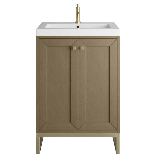 James Martin Vanities Chianti 24" Walnut Whisper Champagne Brass Base Single Vanity With White Glossy Composite Stone Top