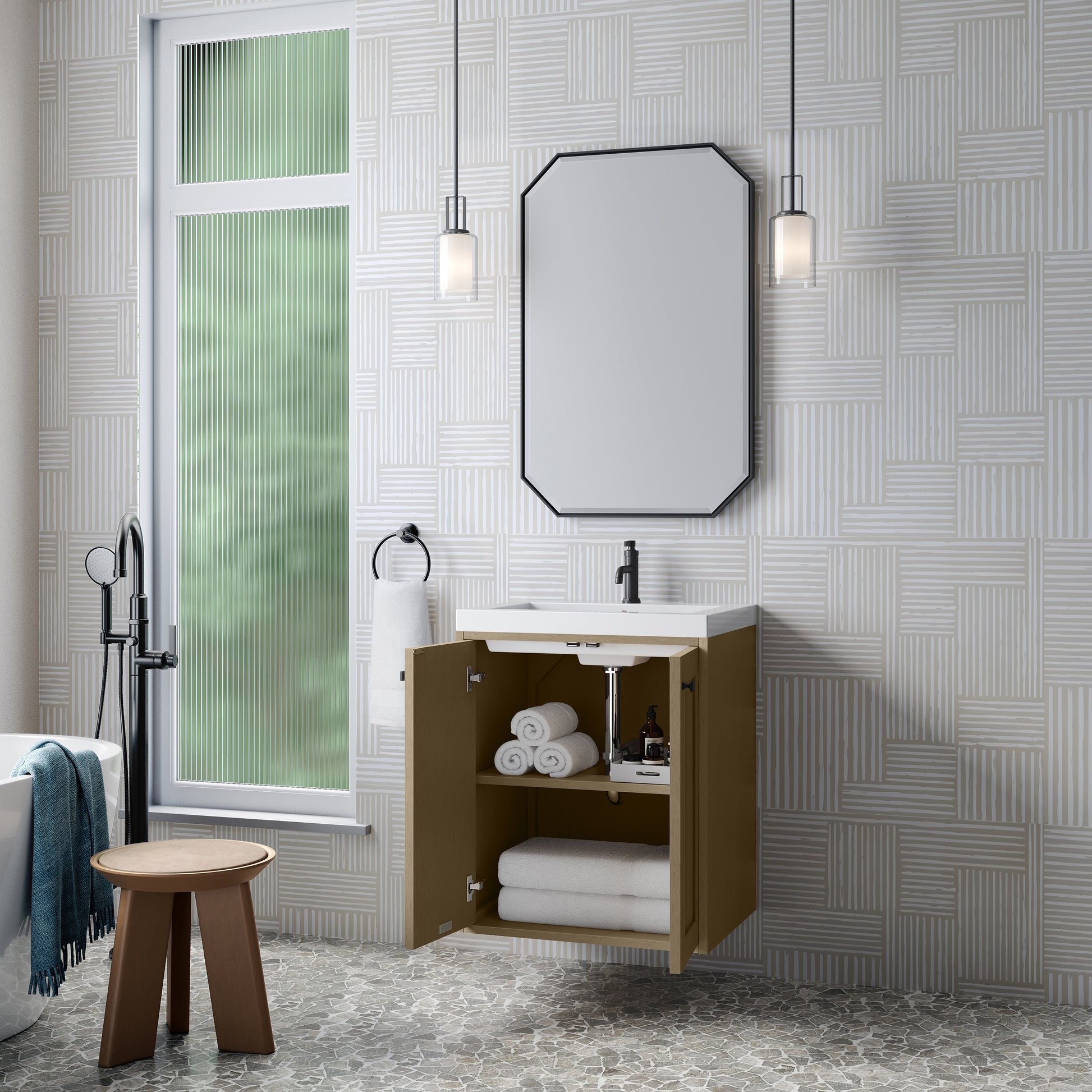 James Martin Vanities Chianti 24" Walnut Whisper Matte Black Base Single Vanity With White Glossy Composite Stone Top