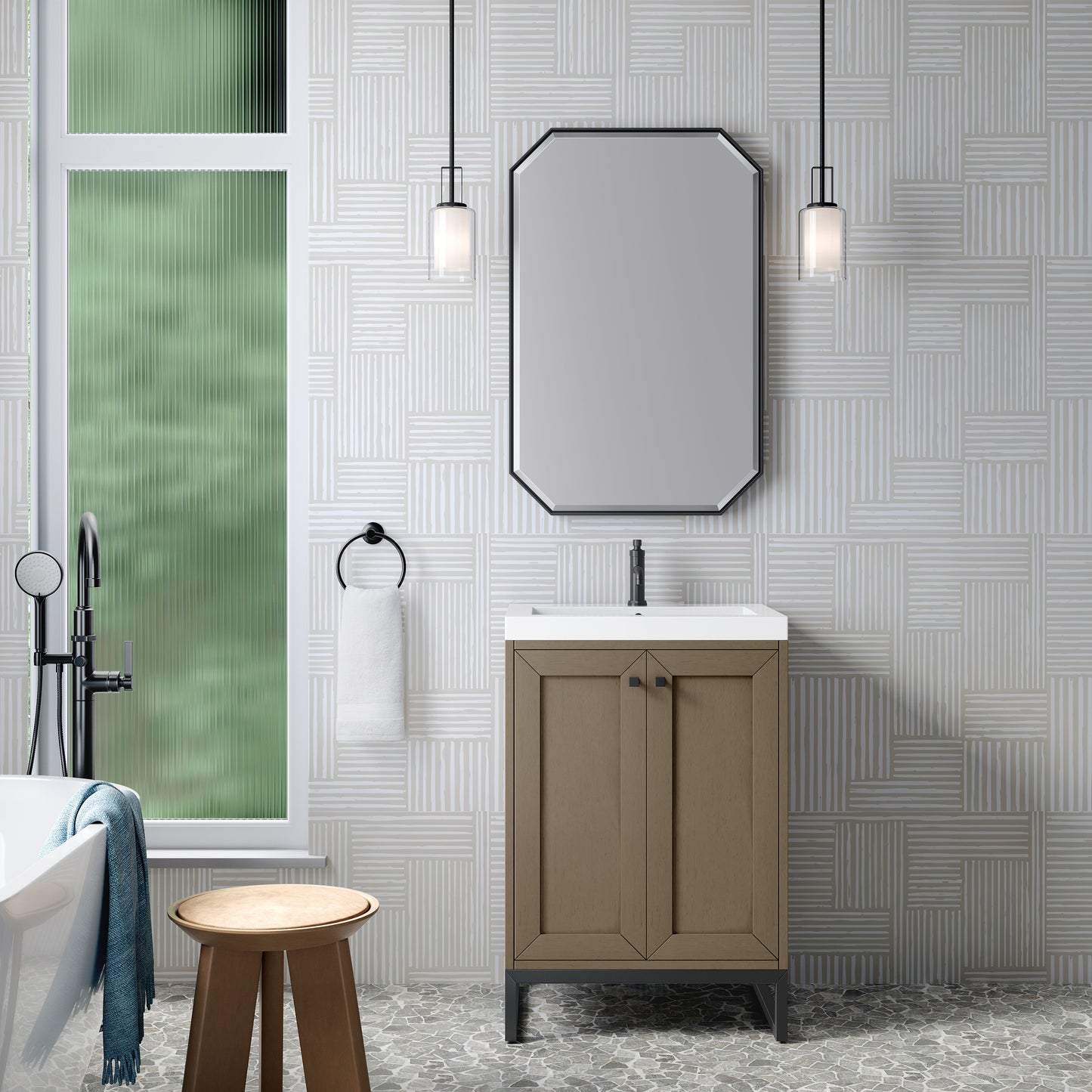 James Martin Vanities Chianti 24" Walnut Whisper Matte Black Base Single Vanity With White Glossy Composite Stone Top