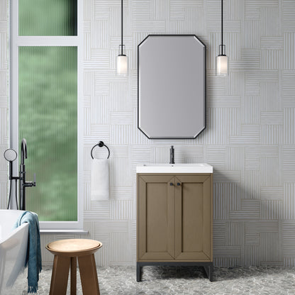 James Martin Vanities Chianti 24" Walnut Whisper Matte Black Base Single Vanity With White Glossy Composite Stone Top