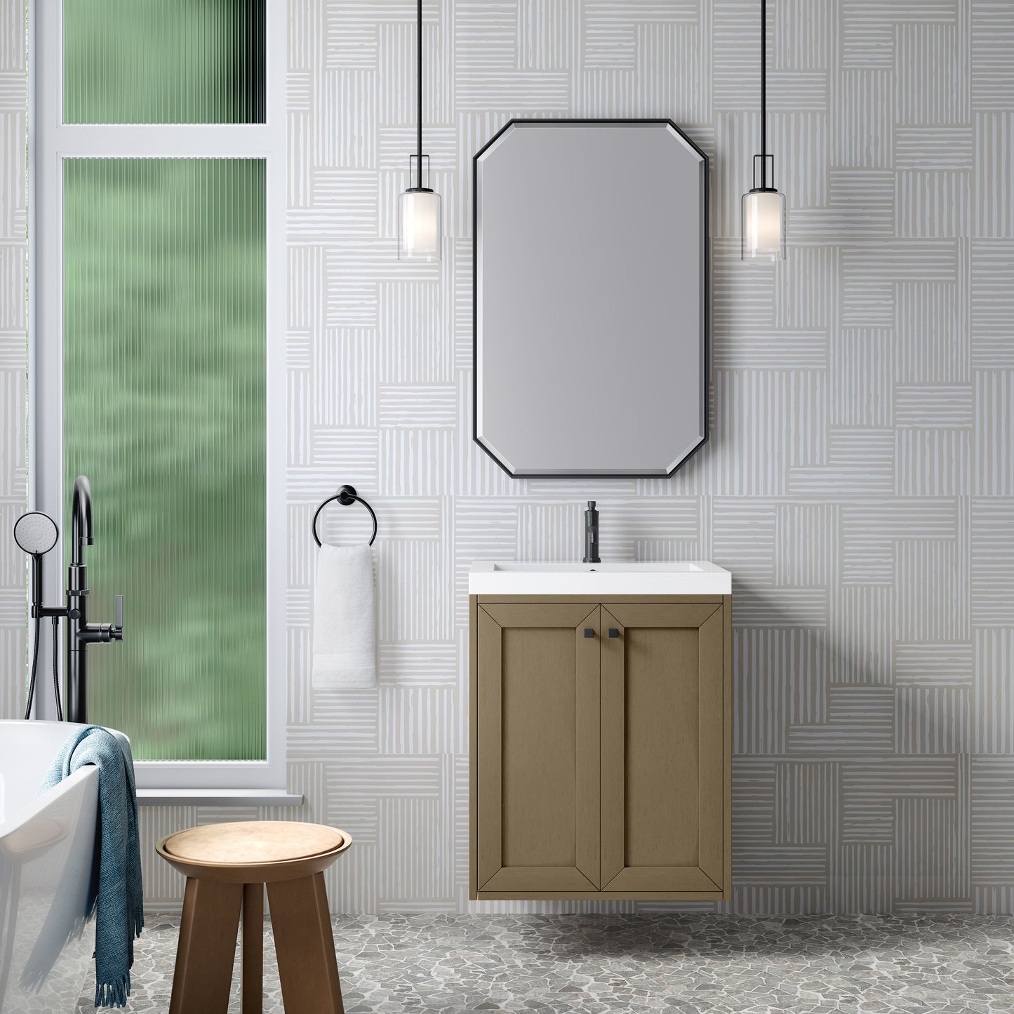 James Martin Vanities Chianti 24" Walnut Whisper Matte Black Base Single Vanity With White Glossy Composite Stone Top