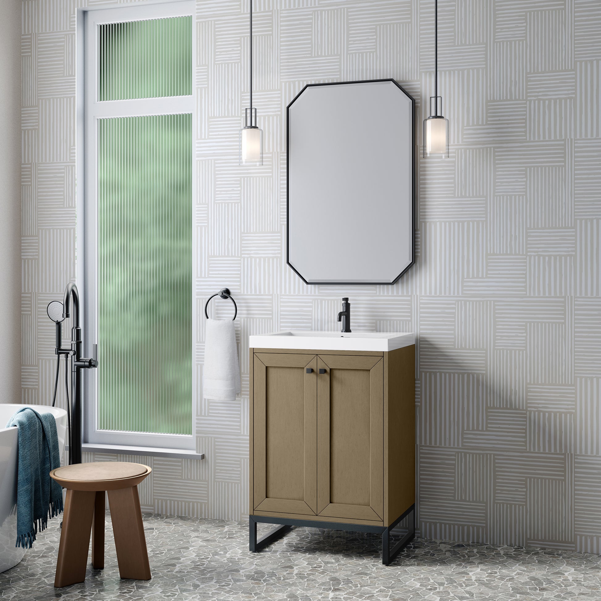 James Martin Vanities Chianti 24" Walnut Whisper Matte Black Base Single Vanity With White Glossy Composite Stone Top