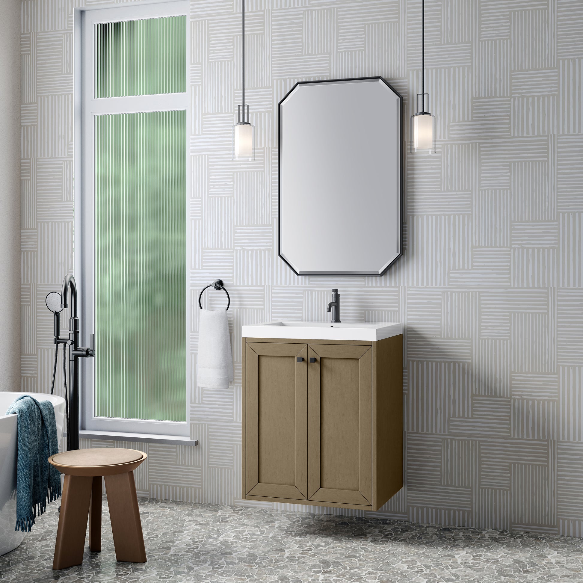 James Martin Vanities Chianti 24" Walnut Whisper Matte Black Base Single Vanity With White Glossy Composite Stone Top