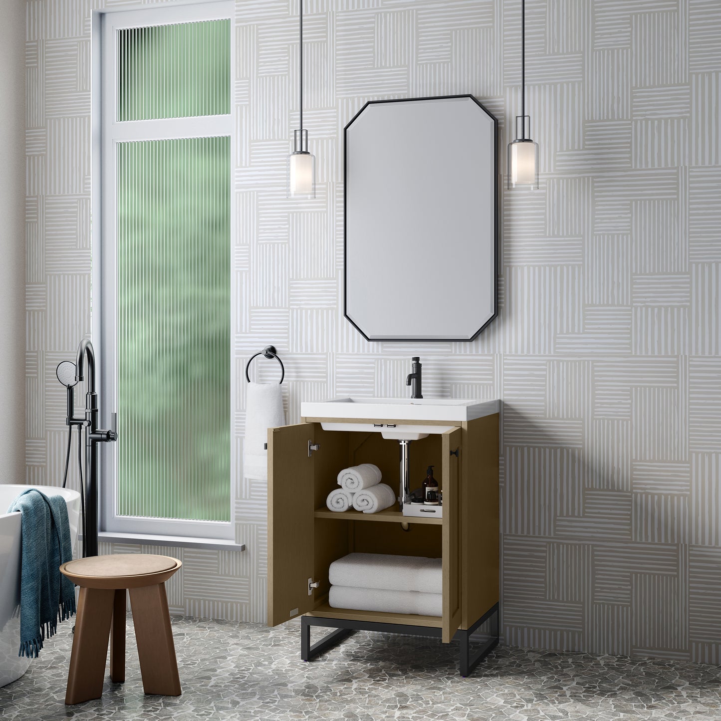 James Martin Vanities Chianti 24" Walnut Whisper Matte Black Base Single Vanity With White Glossy Composite Stone Top