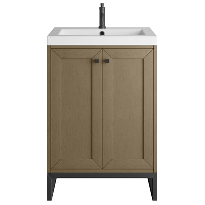 James Martin Vanities Chianti 24" Walnut Whisper Matte Black Base Single Vanity With White Glossy Composite Stone Top