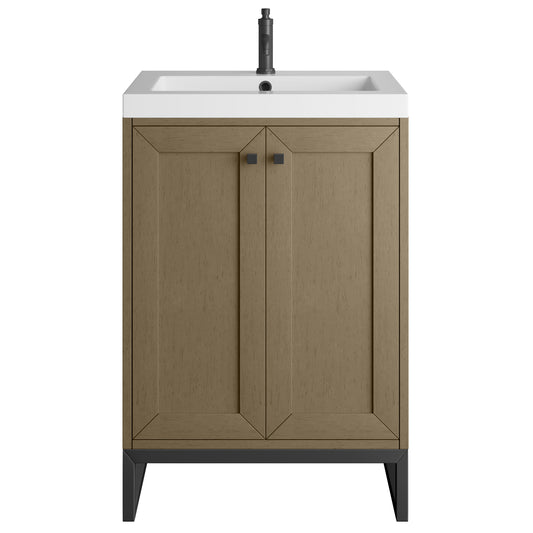 James Martin Vanities Chianti 24" Walnut Whisper Matte Black Base Single Vanity With White Glossy Composite Stone Top