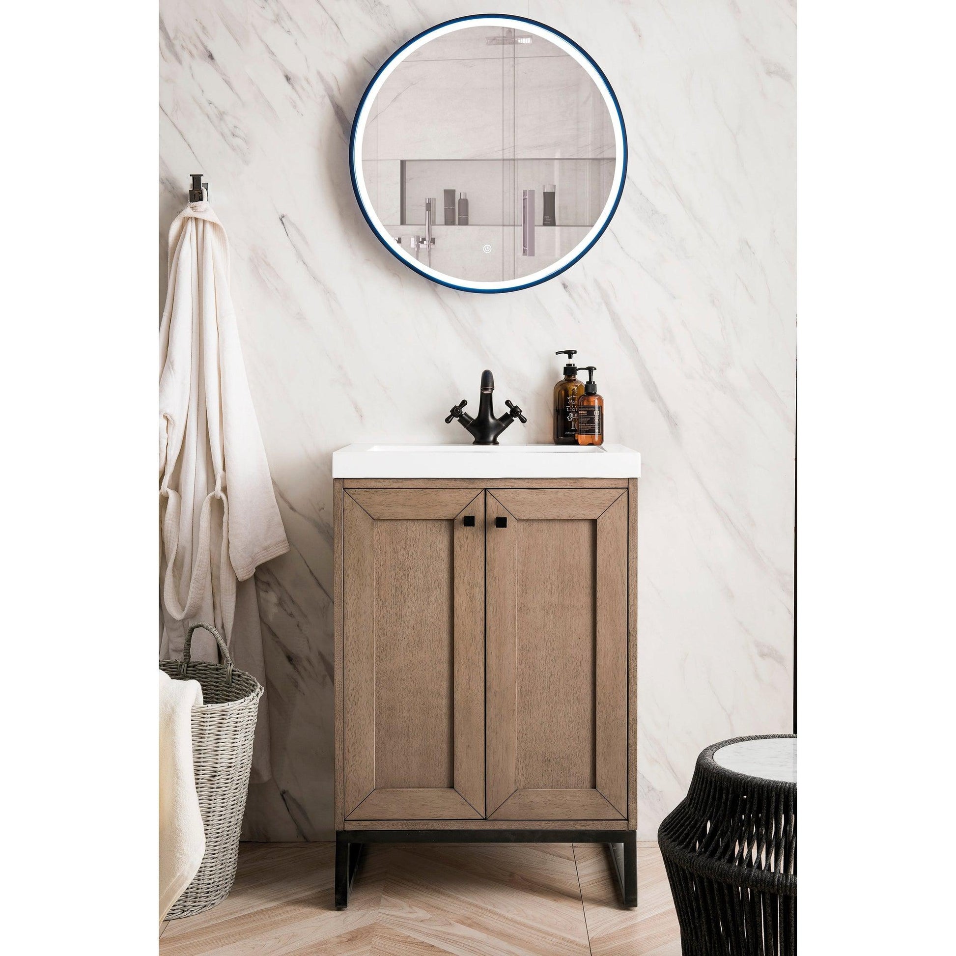 James Martin Vanities Chianti 24" Whitewashed Walnut, Matte Black Single Vanity Cabinet With White Glossy Composite Countertop