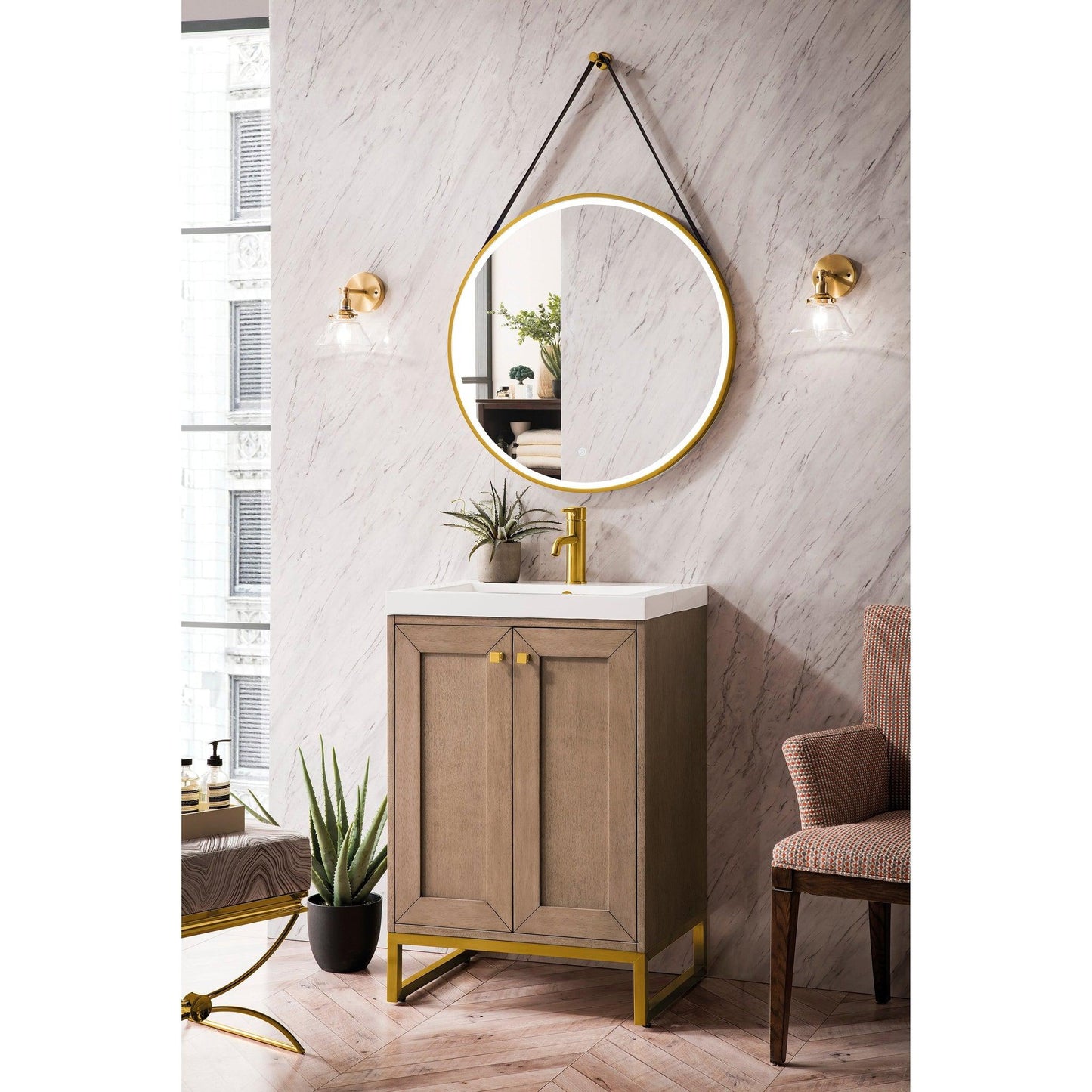 James Martin Vanities Chianti 24" Whitewashed Walnut, Radiant Gold Single Vanity Cabinet With White Glossy Composite Countertop