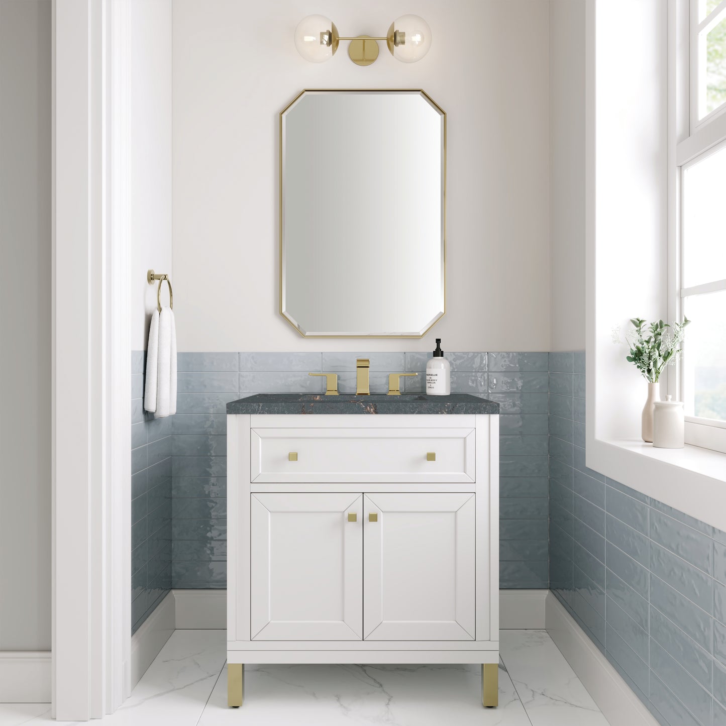 James Martin Vanities Chicago 30" Glossy White Single Vanity With 3 cm Parisien Bleu Silestone Top