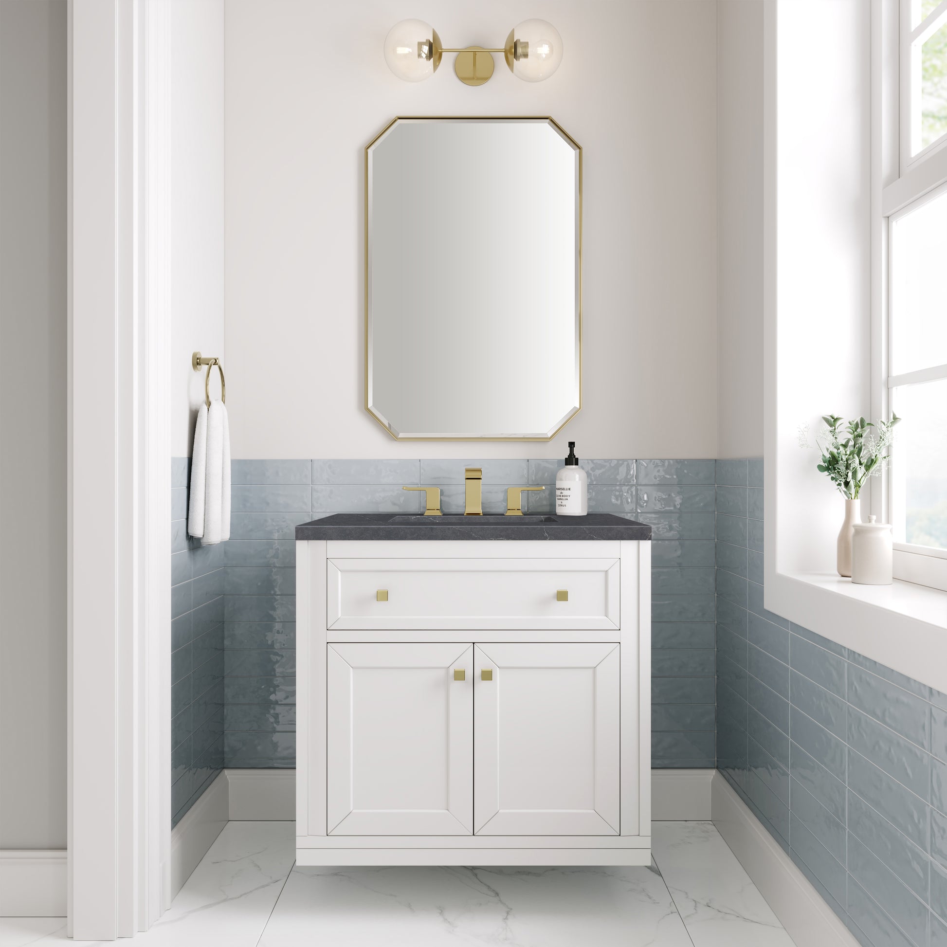 James Martin Vanities Chicago 30" Glossy White Single Vanity With 3cm Charcoal Soapstone Silestone Top