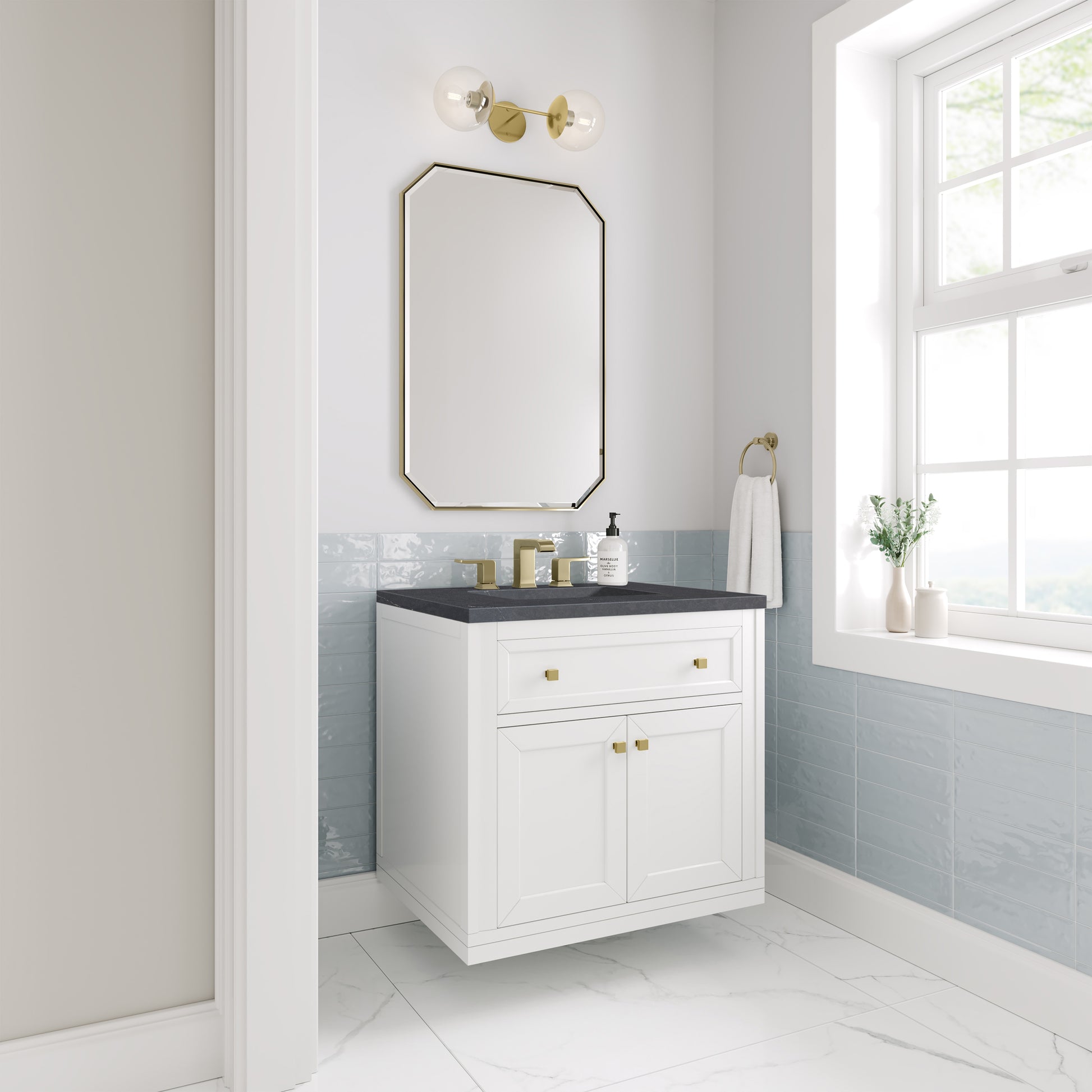 James Martin Vanities Chicago 30" Glossy White Single Vanity With 3cm Charcoal Soapstone Silestone Top