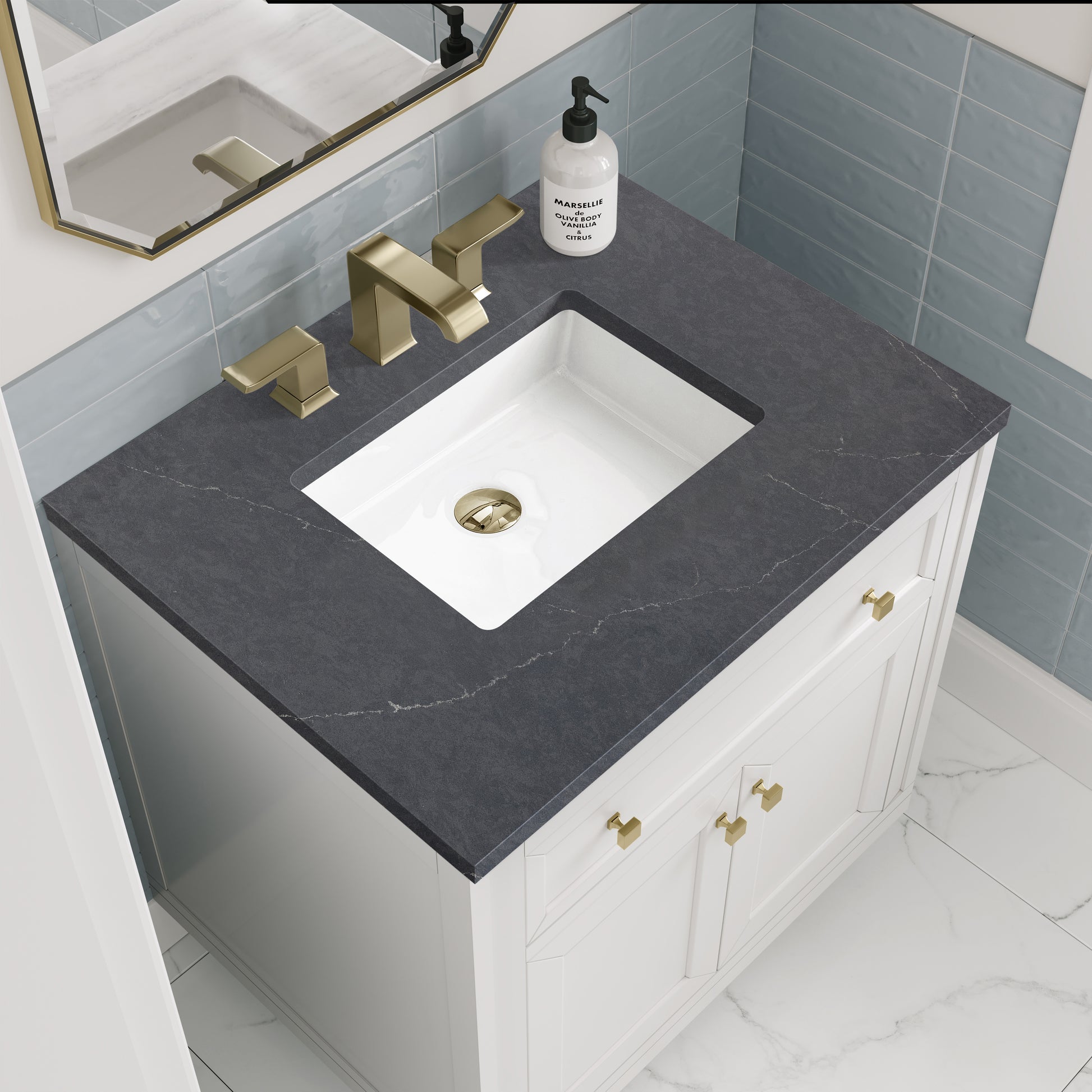 James Martin Vanities Chicago 30" Glossy White Single Vanity With 3cm Charcoal Soapstone Silestone Top