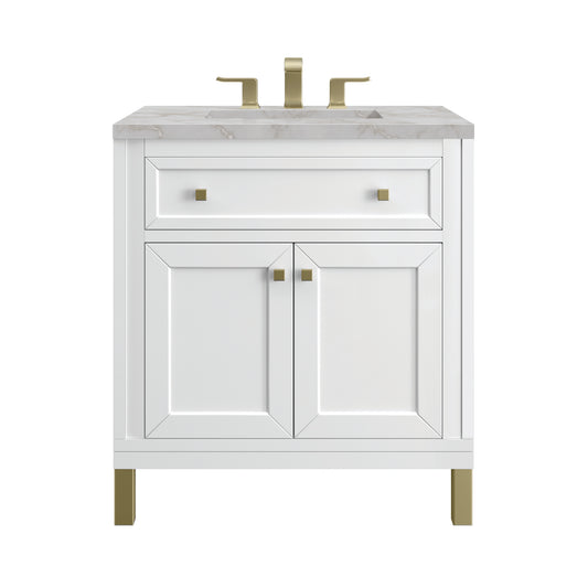 James Martin Vanities Chicago 30" Glossy White Single Vanity With 3cm Victorian Silver Silestone Top