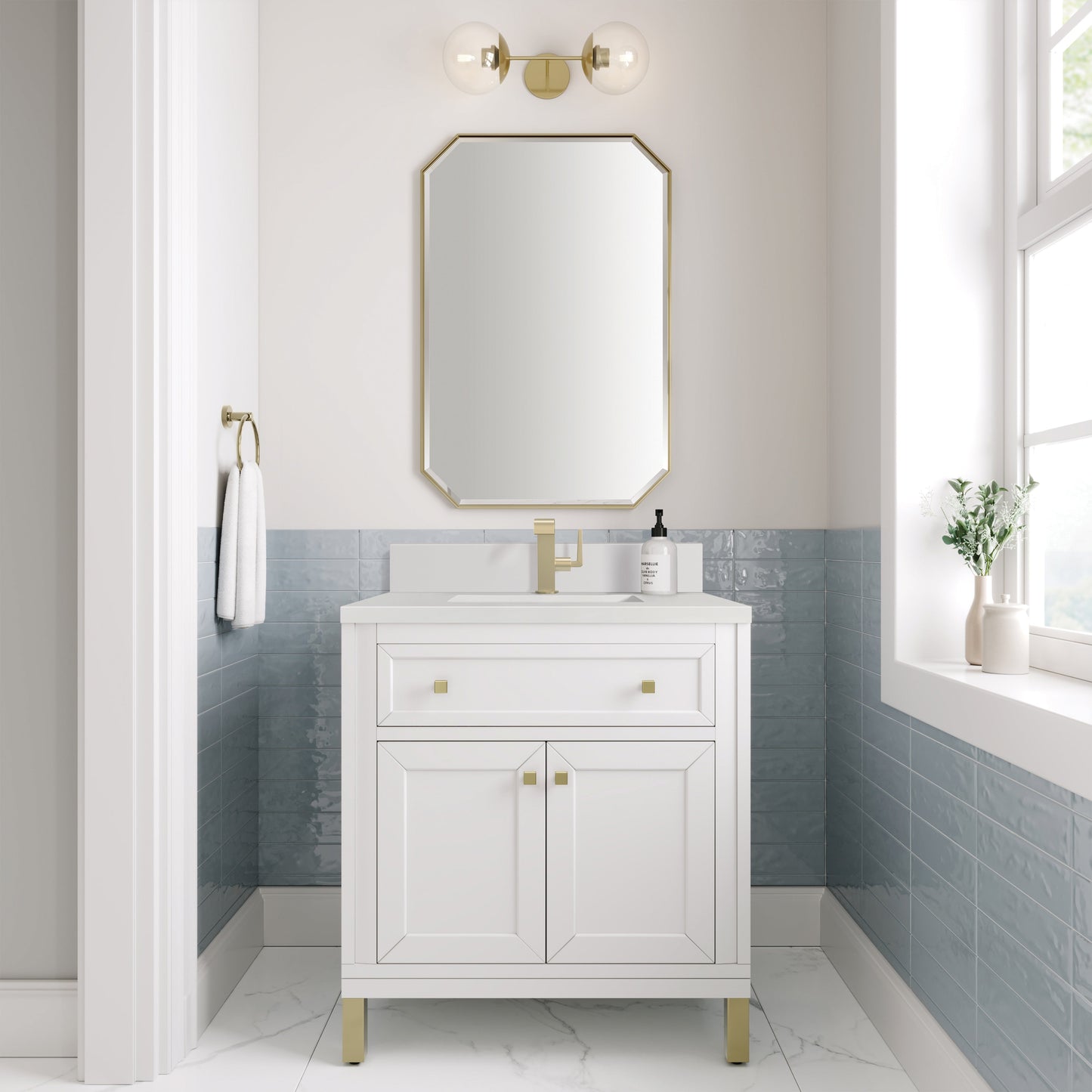 James Martin Vanities Chicago 30" Glossy White Single Vanity With Single Hole 3 cm White Zeus Top & Backsplash