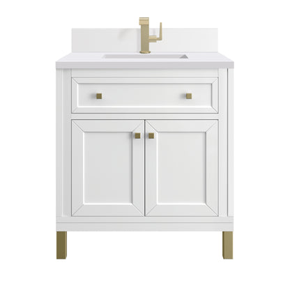 James Martin Vanities Chicago 30" Glossy White Single Vanity With Single Hole 3cm White Zeus Silestone Top and Backsplash