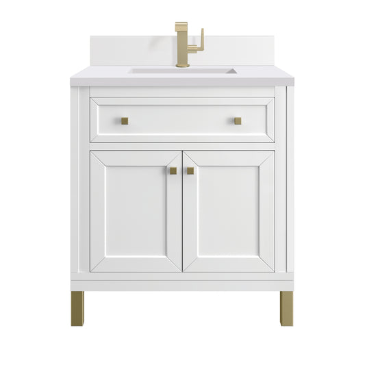 James Martin Vanities Chicago 30" Glossy White Single Vanity With Single Hole 3cm White Zeus Silestone Top and Backsplash