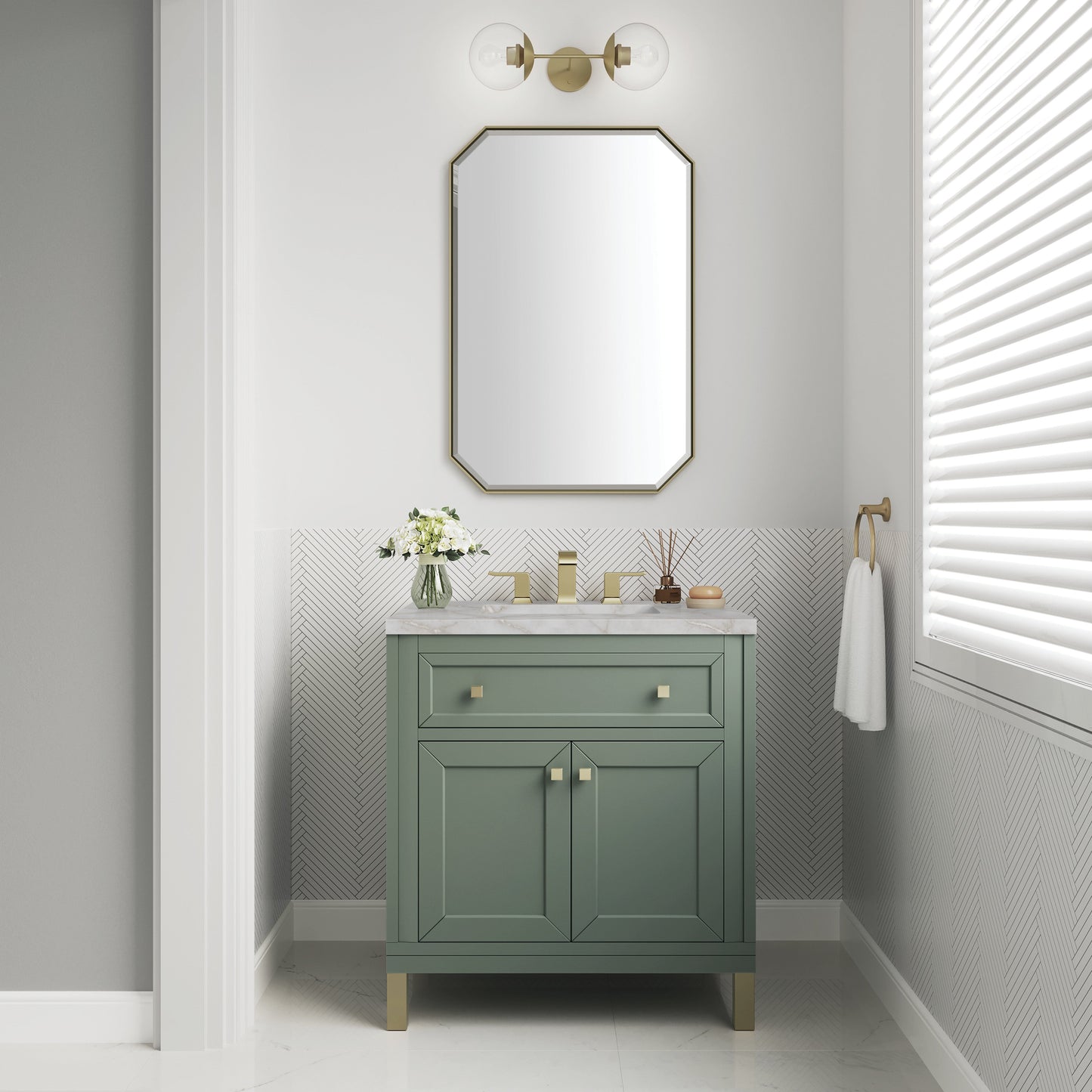 James Martin Vanities Chicago 30" Smokey Celadon Single Vanity With 3 cm Victorian Silver Top