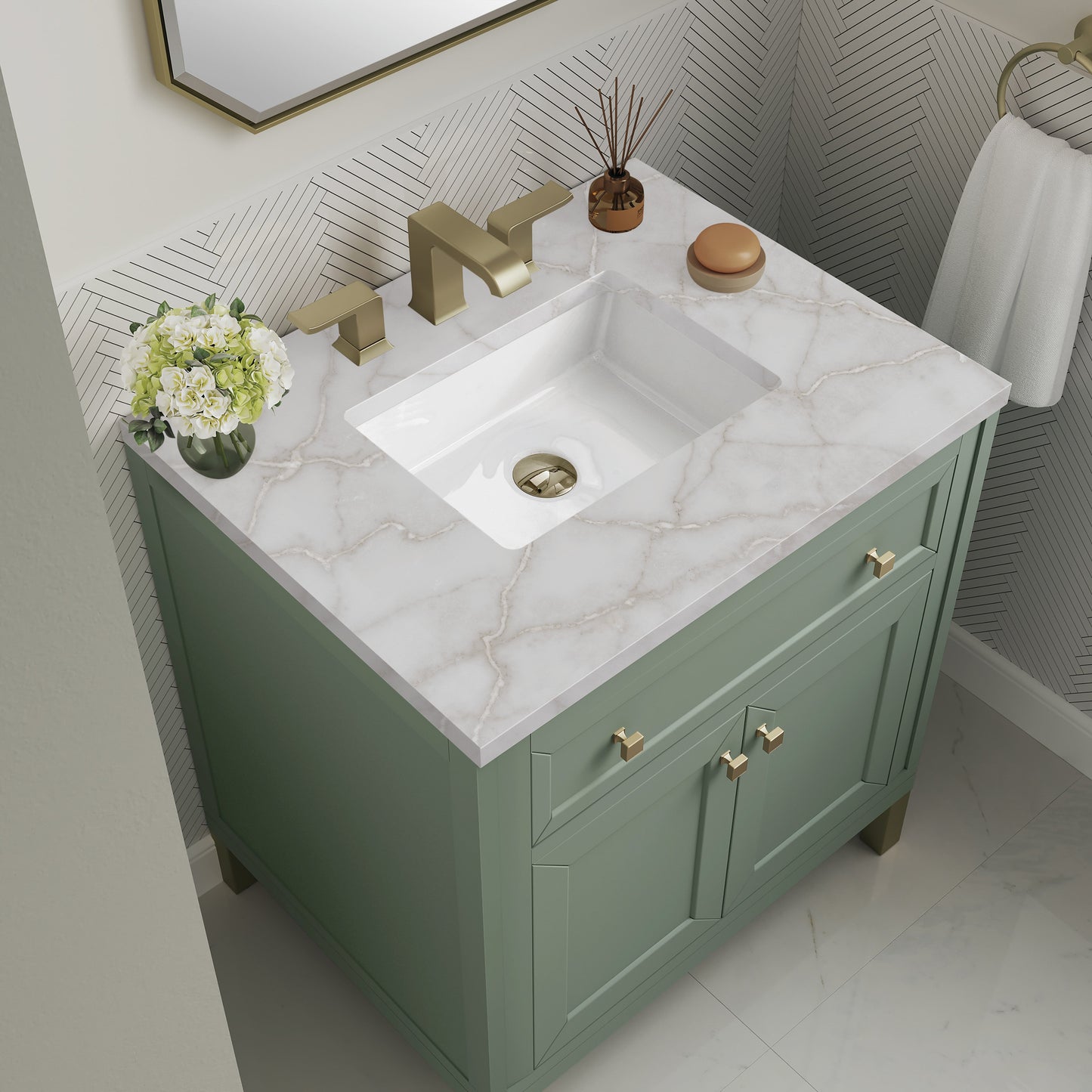 James Martin Vanities Chicago 30" Smokey Celadon Single Vanity With 3 cm Victorian Silver Top