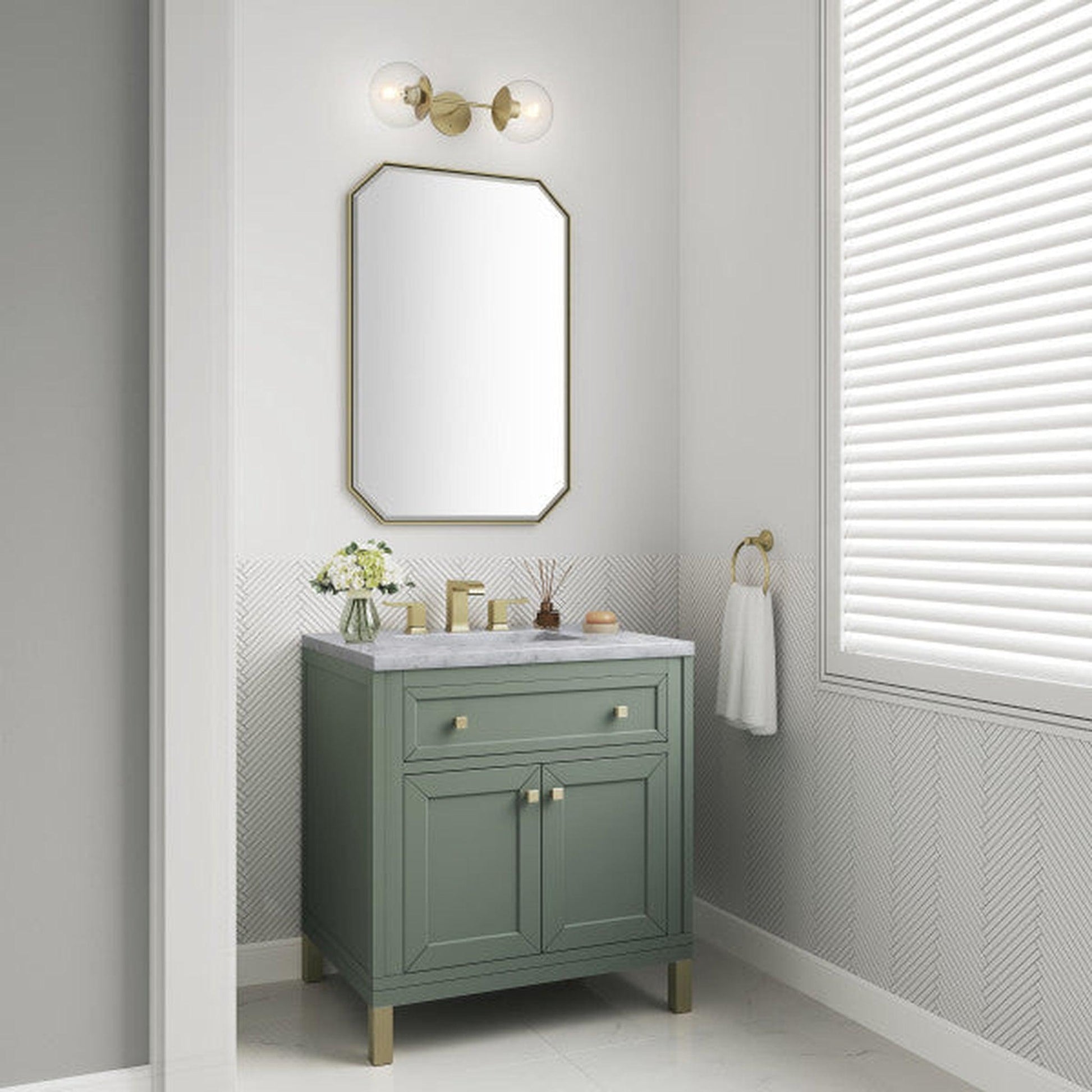 James Martin Vanities Chicago 30" Smokey Celadon Single Vanity With 3cm Carrara Marble Top