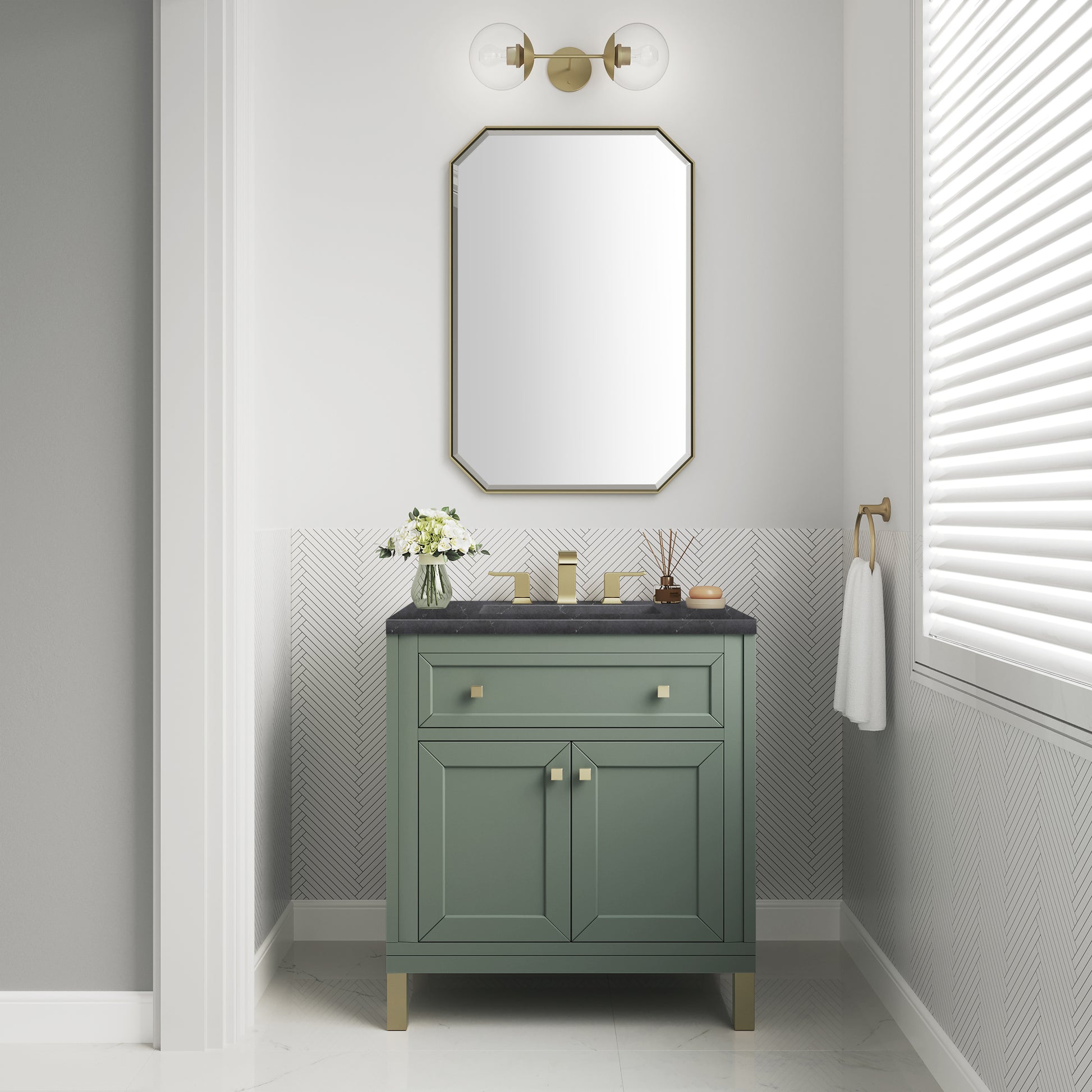 James Martin Vanities Chicago 30" Smokey Celadon Single Vanity With 3cm Charcoal Soapstone Silestone Top