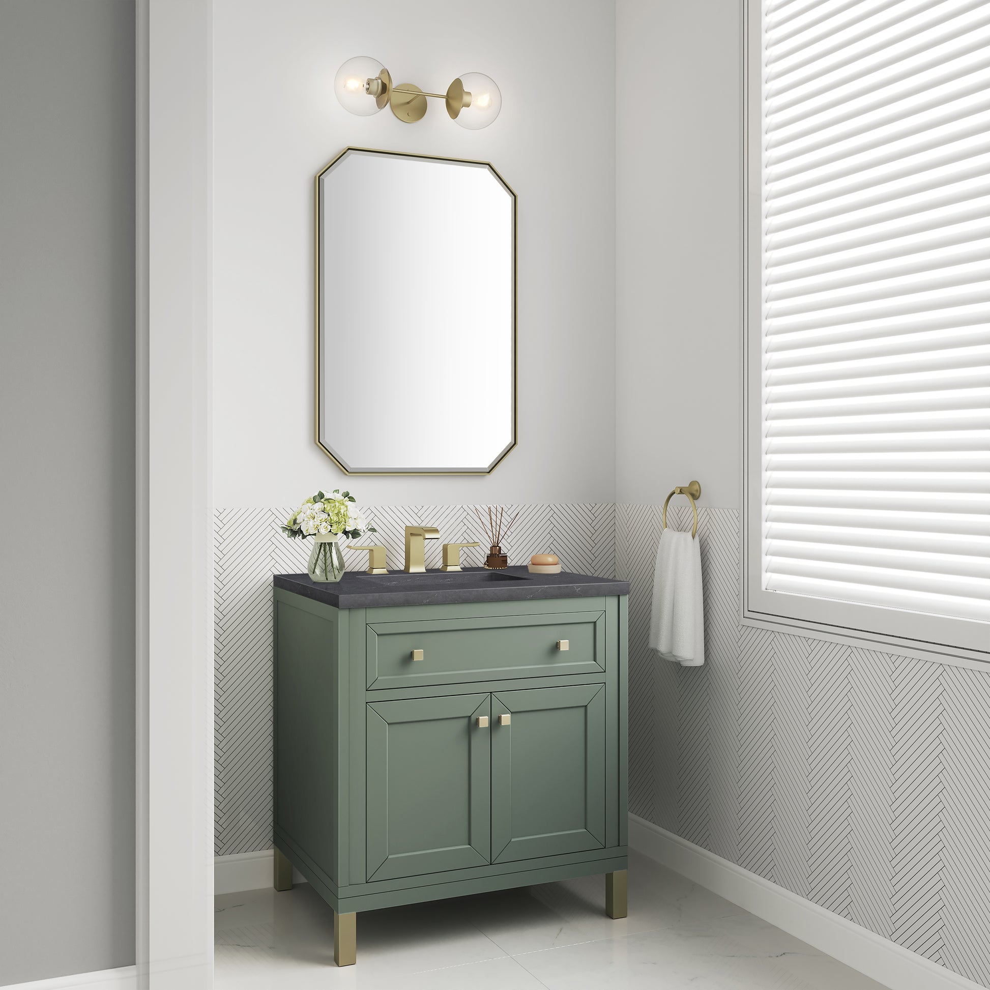 James Martin Vanities Chicago 30" Smokey Celadon Single Vanity With 3cm Charcoal Soapstone Silestone Top