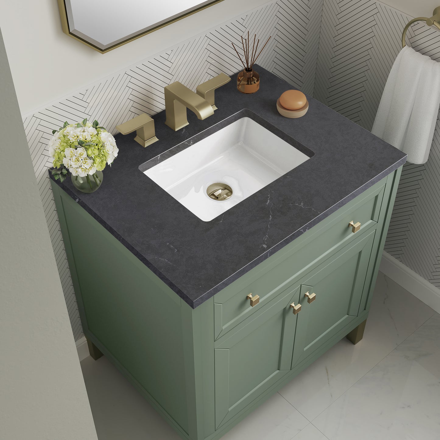 James Martin Vanities Chicago 30" Smokey Celadon Single Vanity With 3cm Charcoal Soapstone Silestone Top
