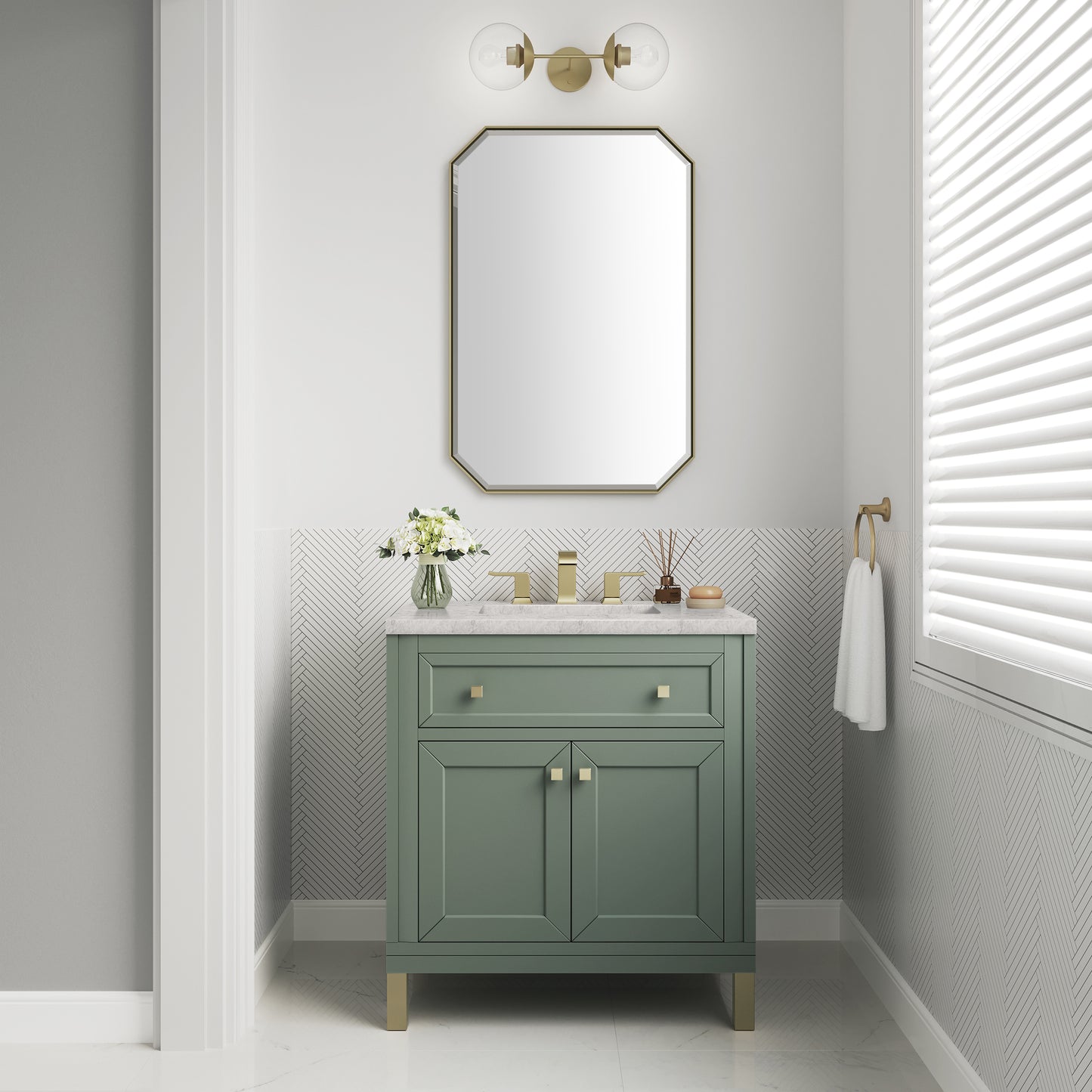 James Martin Vanities Chicago 30" Smokey Celadon Single Vanity With 3cm Eternal Jasmine Pearl Silestone Top