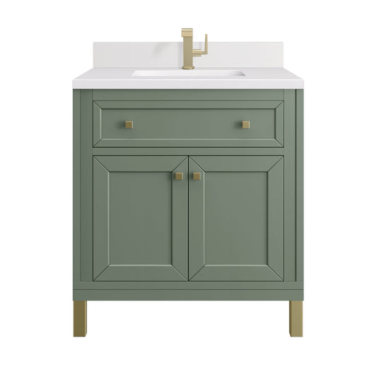 James Martin Vanities Chicago 30" Smokey Celadon Single Vanity With Single Hole 3 cm White Zeus Top & Backsplash