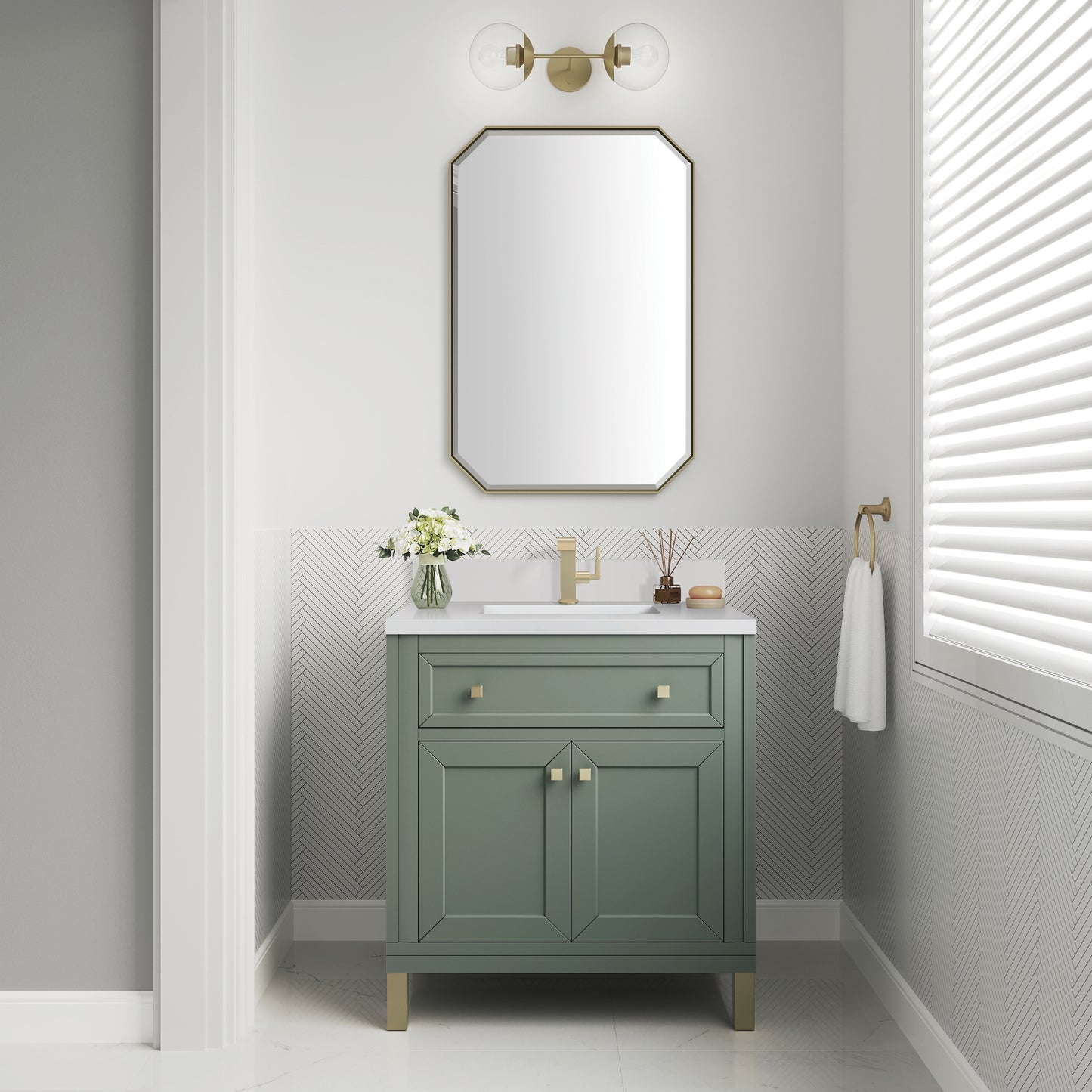 James Martin Vanities Chicago 30" Smokey Celadon Single Vanity With Single Hole 3cm White Zeus Silestone Top and Backsplash