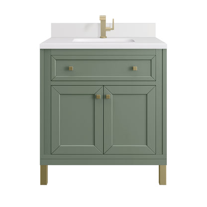 James Martin Vanities Chicago 30" Smokey Celadon Single Vanity With Single Hole 3cm White Zeus Silestone Top and Backsplash