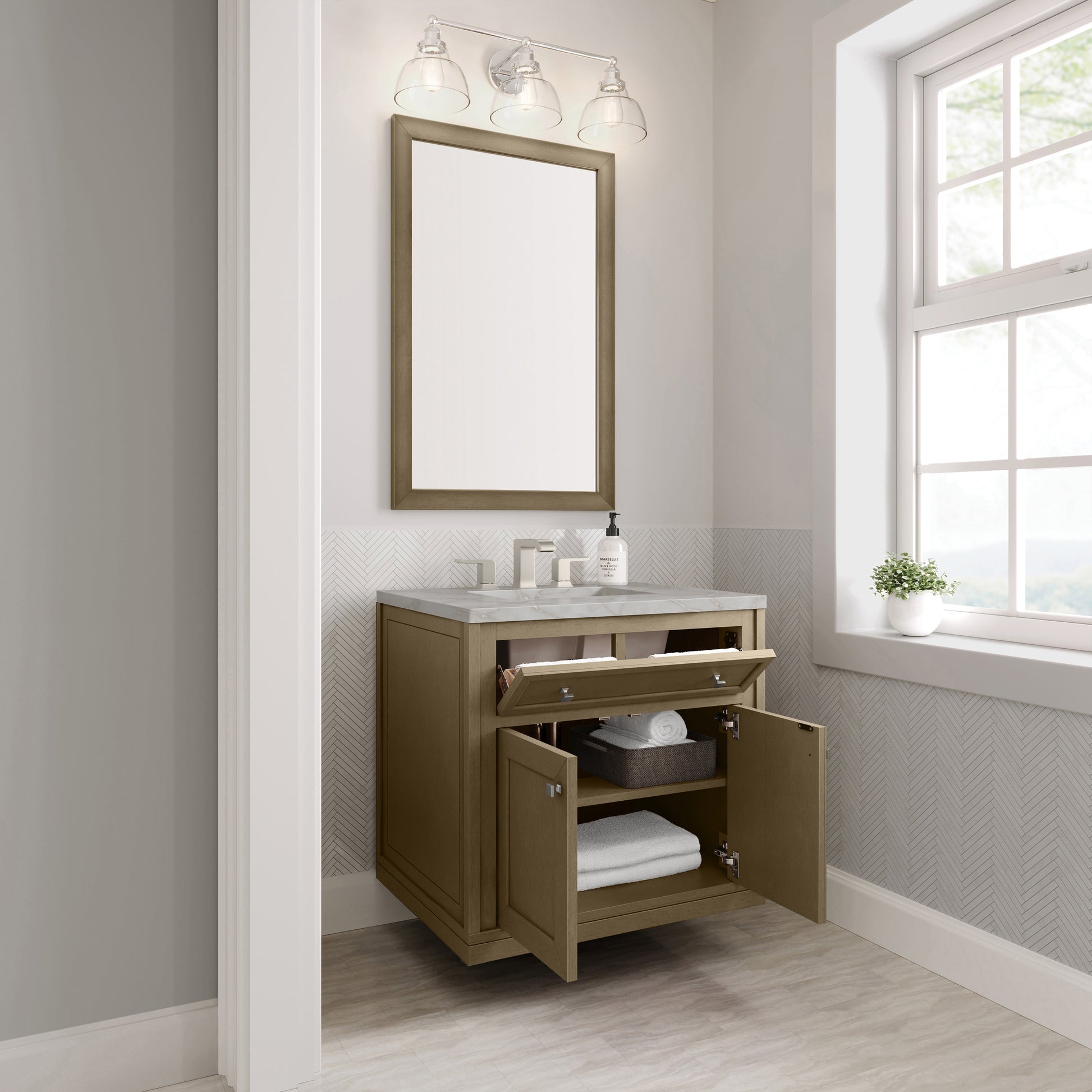 James Martin Vanities Chicago 30" Walnut Whisper Single Vanity With 3cm Victorian Silver Silestone Top