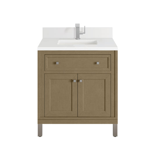 James Martin Vanities Chicago 30" Walnut Whisper Single Vanity With Single Hole 3cm White Zeus Silestone Top and Backsplash