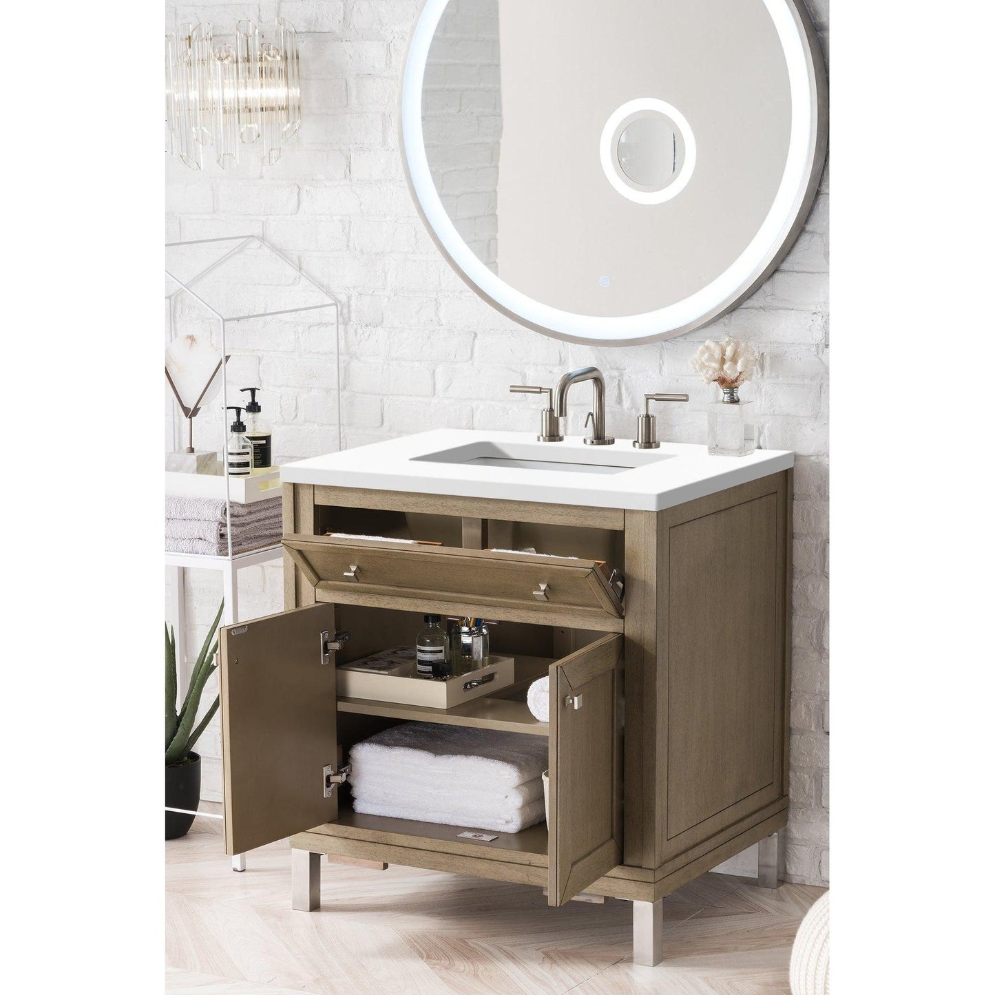 James Martin Vanities Chicago 30" Whitewashed Walnut Single Vanity With 3cm White Zeus Quartz Top