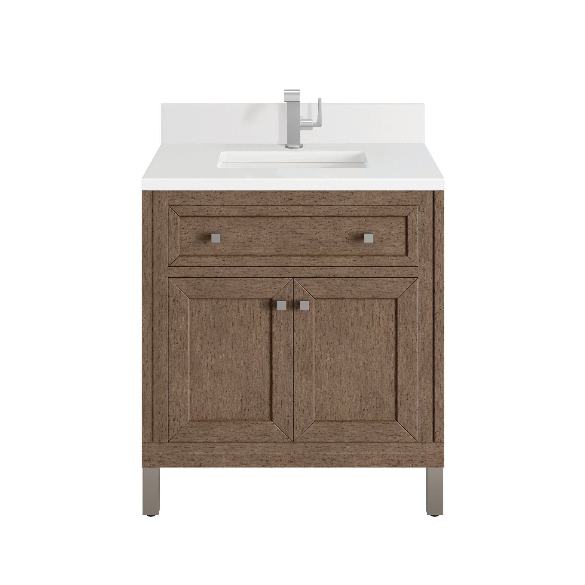 James Martin Vanities Chicago 30" Whitewashed Walnut Single Vanity With Single Hole 3 cm White Zeus Quartz Top & Backsplash