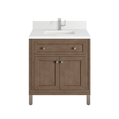 James Martin Vanities Chicago 30" Whitewashed Walnut Single Vanity With Single Hole 3 cm White Zeus Quartz Top & Backsplash