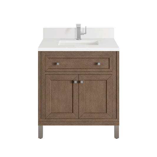 James Martin Vanities Chicago 30" Whitewashed Walnut Single Vanity With Single Hole 3 cm White Zeus Quartz Top & Backsplash