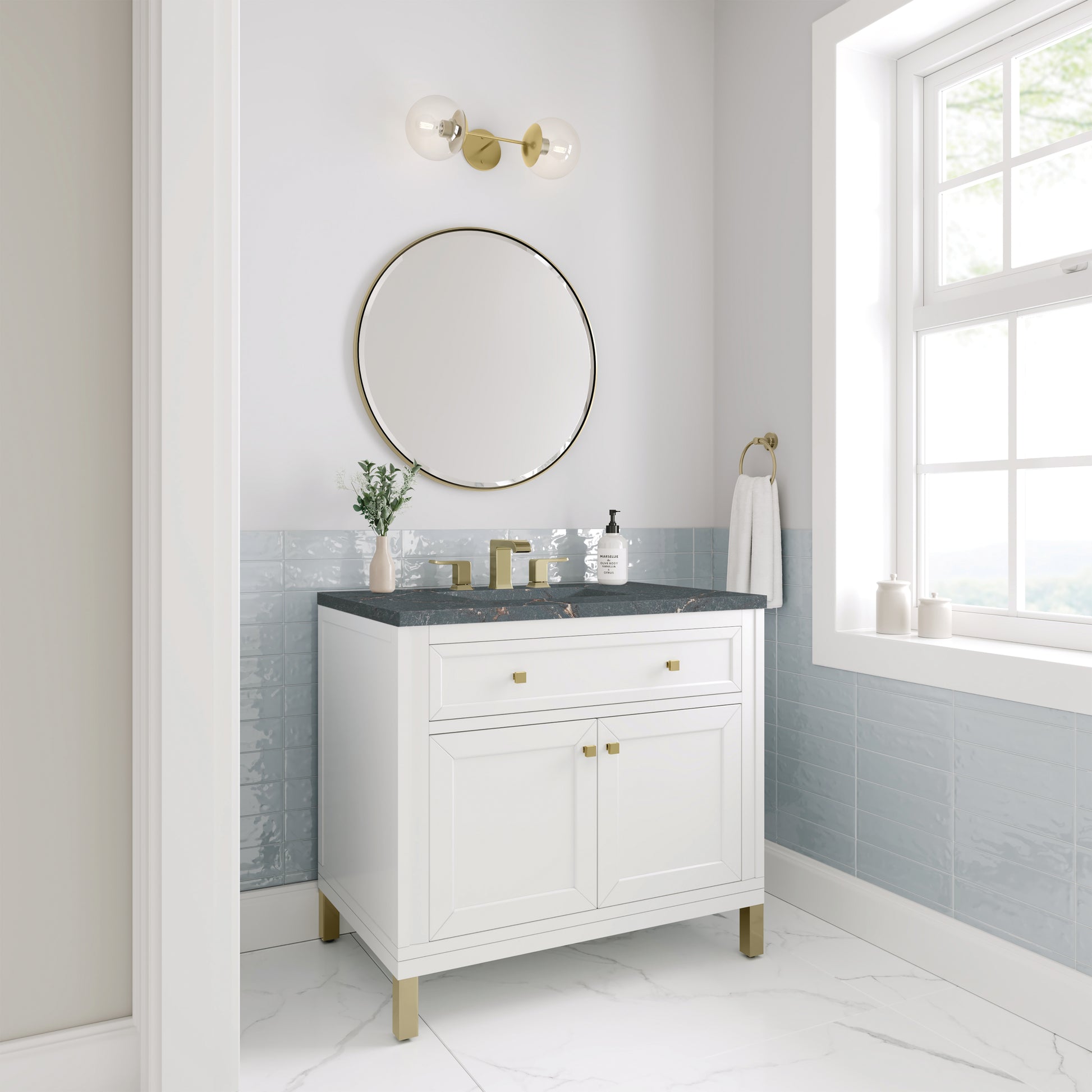 James Martin Vanities Chicago 36" Glossy White Single Vanity With 3 cm Parisien Bleu Silestone Top