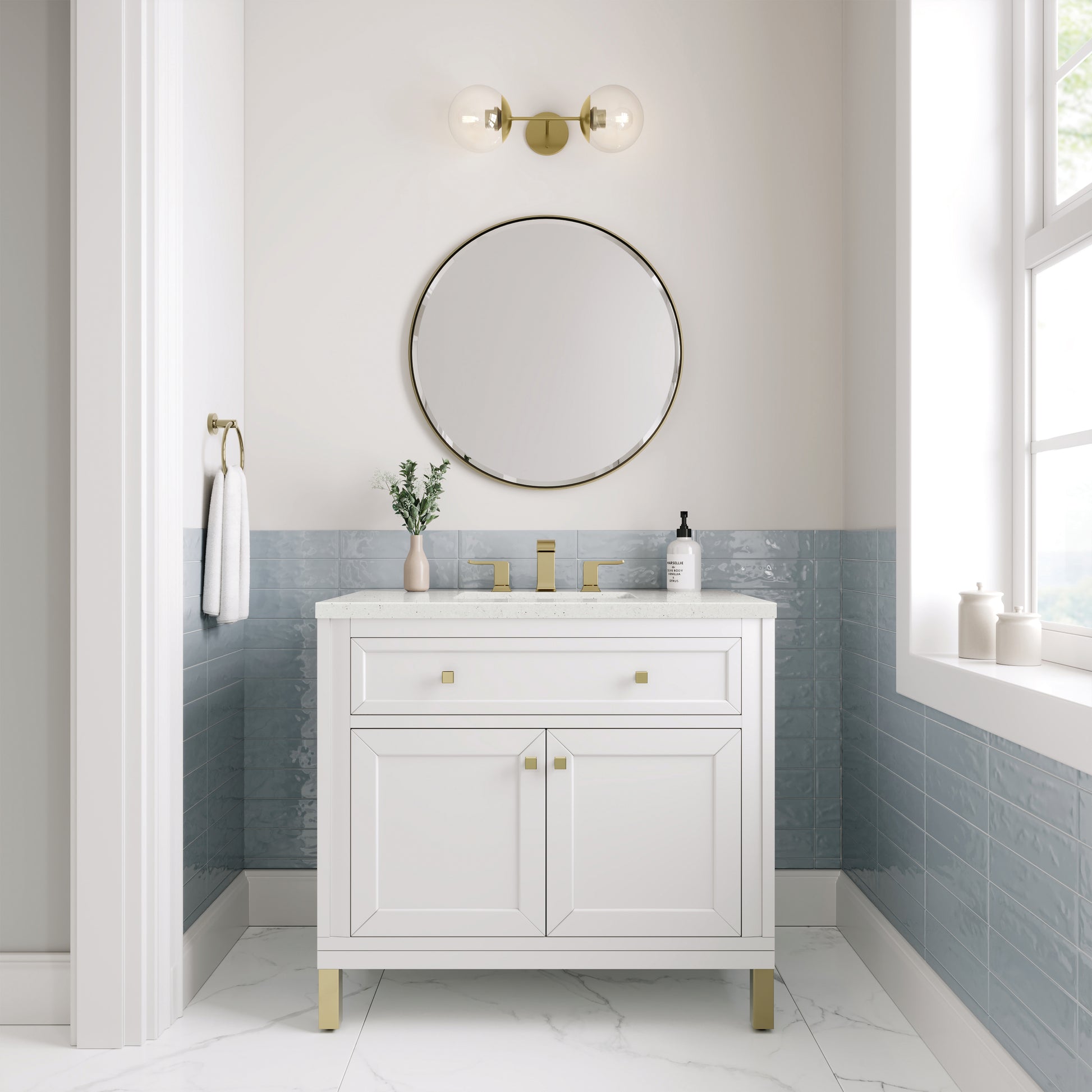 James Martin Vanities Chicago 36" Glossy White Single Vanity With 3cm Lime Delight Silestone Top