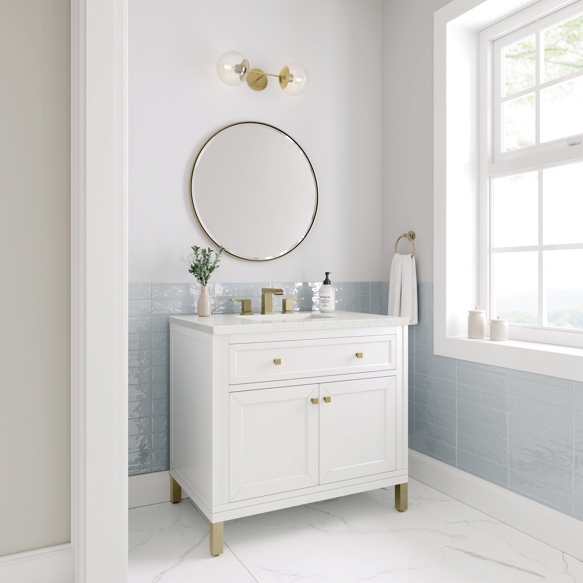 James Martin Vanities Chicago 36" Glossy White Single Vanity With 3cm Lime Delight Silestone Top